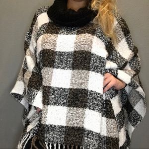 Buffalo Print Cowl Neck Fringe Poncho Sweater